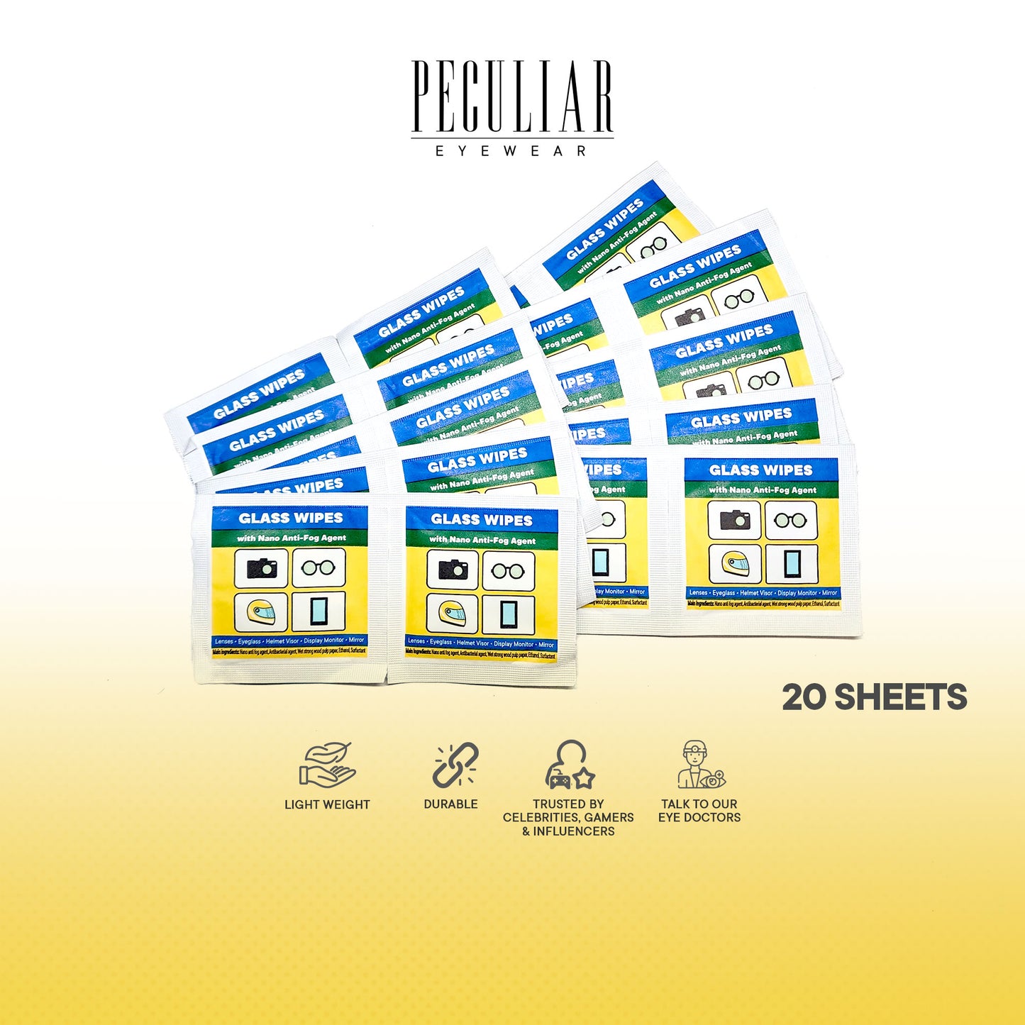 Peculiar Anti-Fog Wipes 20pcs only Bundle Nano-Technology Cleaner Non-Toxic Quick Dry