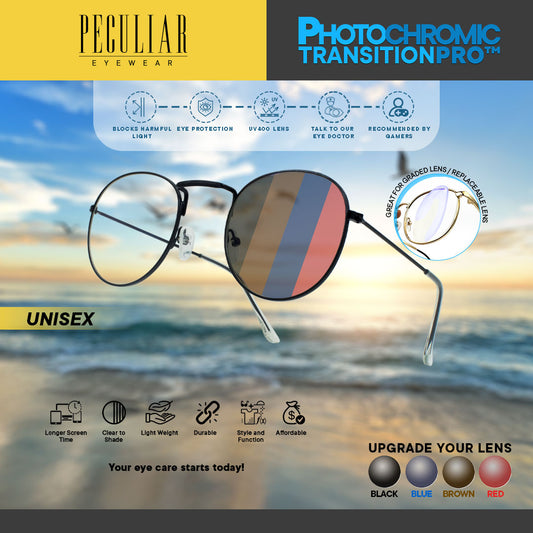 Peculiar LOUISE Round BLACK Stainless Steel Frame Peculiar Photochromic TransitionPRO Lens