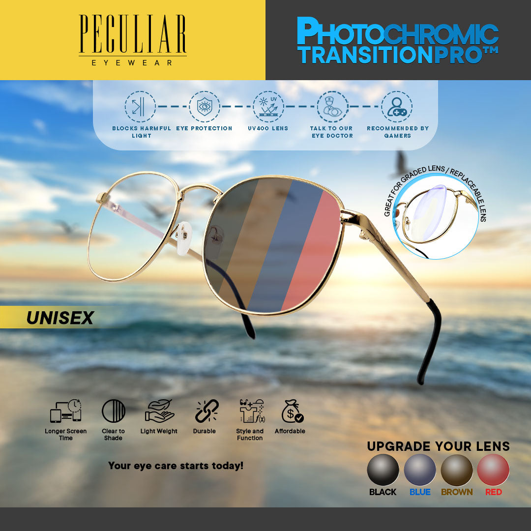 Peculiar HUGO Square GOLD Alloy (3x Metal Plating) Frame Peculiar Photochromic TransitionPRO Lens