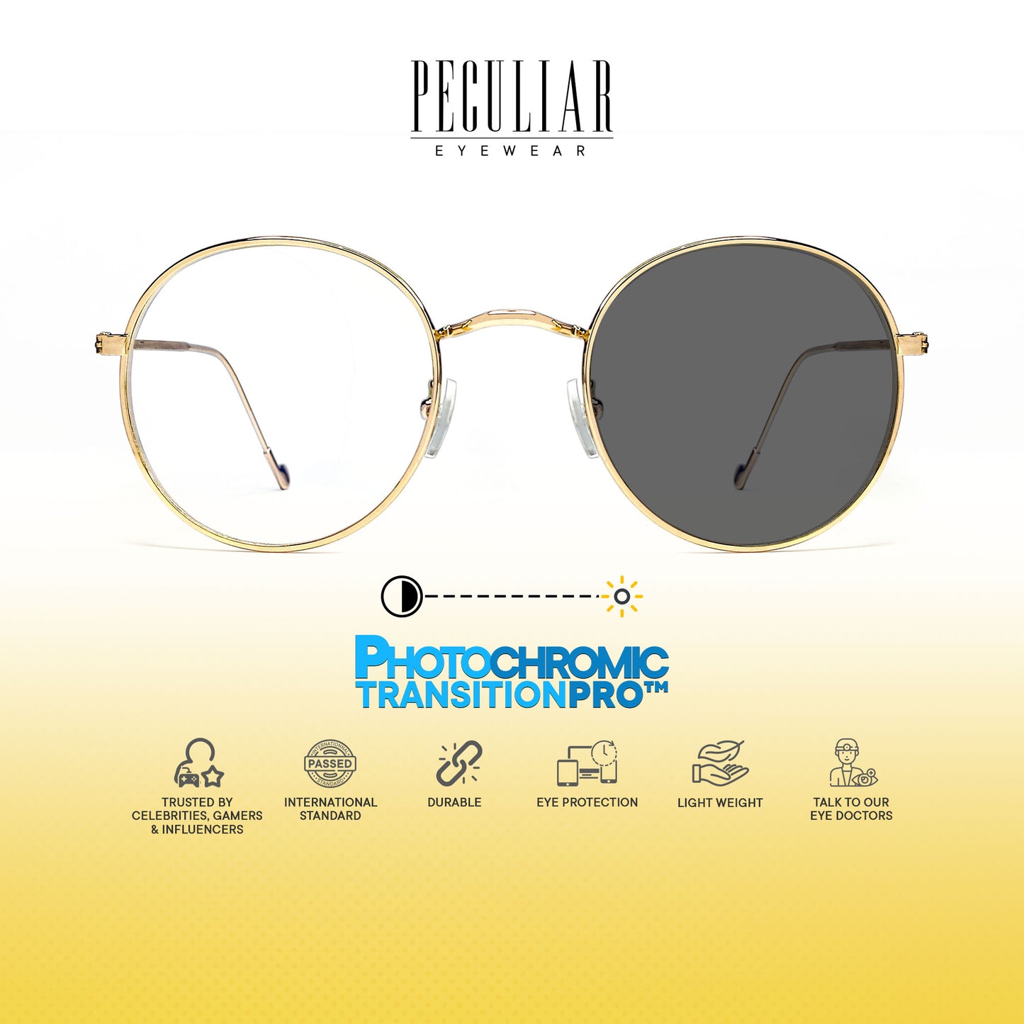 Peculiar Erin Round Metal Black Lens Sunglass Polarized Anti Rad Eyeglass Replaceable Lens Frames PhotoChromic TransitionPro UV400 Lens Photochromic TAC Lens for Men and Women
