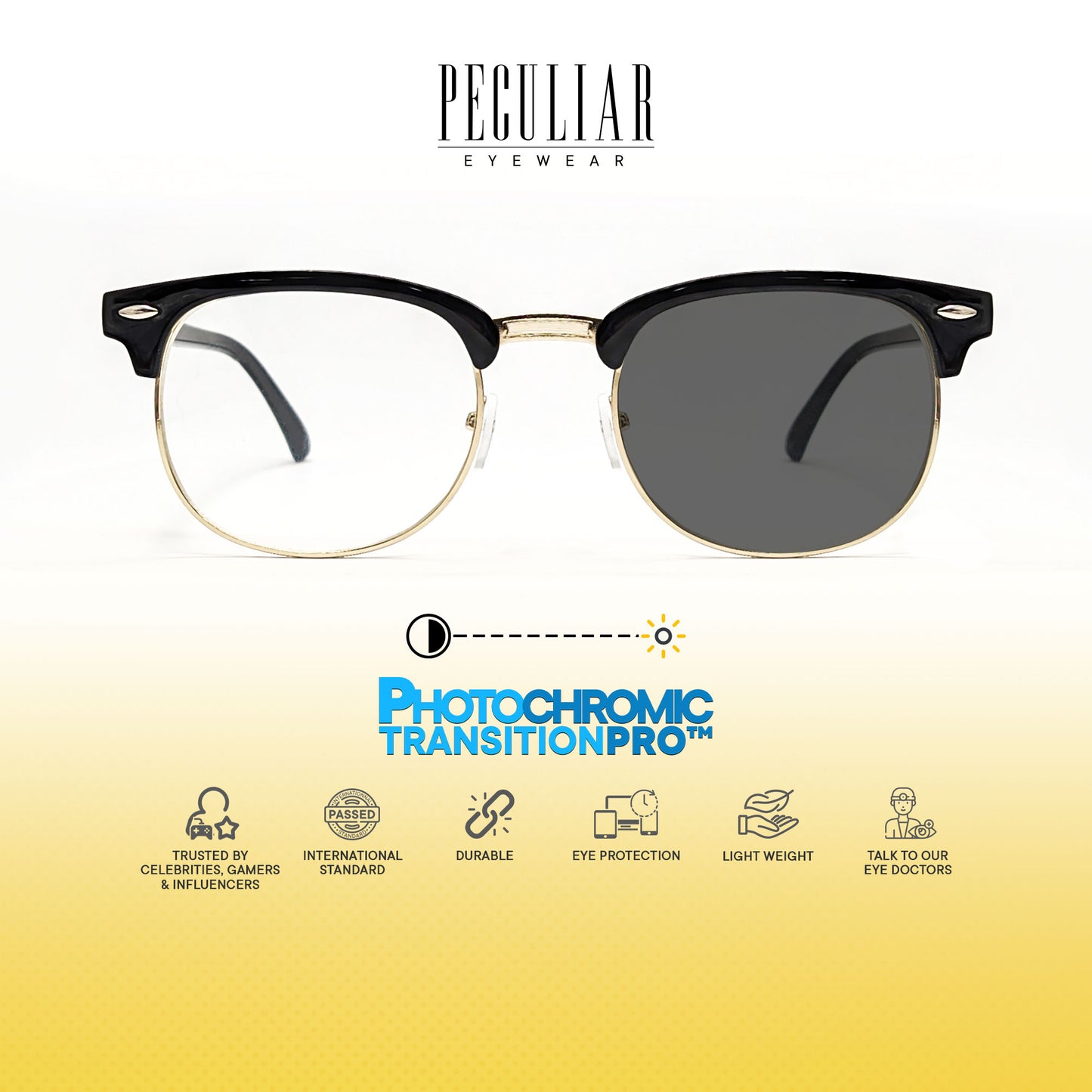 Peculiar Clubmaster Square Black Lens Sunglass Polarized Anti Rad Eyeglass Replaceable Lens Frames PhotoChromic TransitionPro UV400 Lens Photochromic TAC Lens for Men and Women
