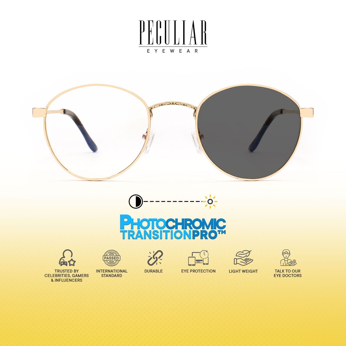 Peculiar Alex Round Metal Black Lens Sunglass Polarized Anti Rad Eyeglass Replaceable Lens Frames PhotoChromic TransitionPro UV400 Lens Photochromic TAC Lens for Men and Women