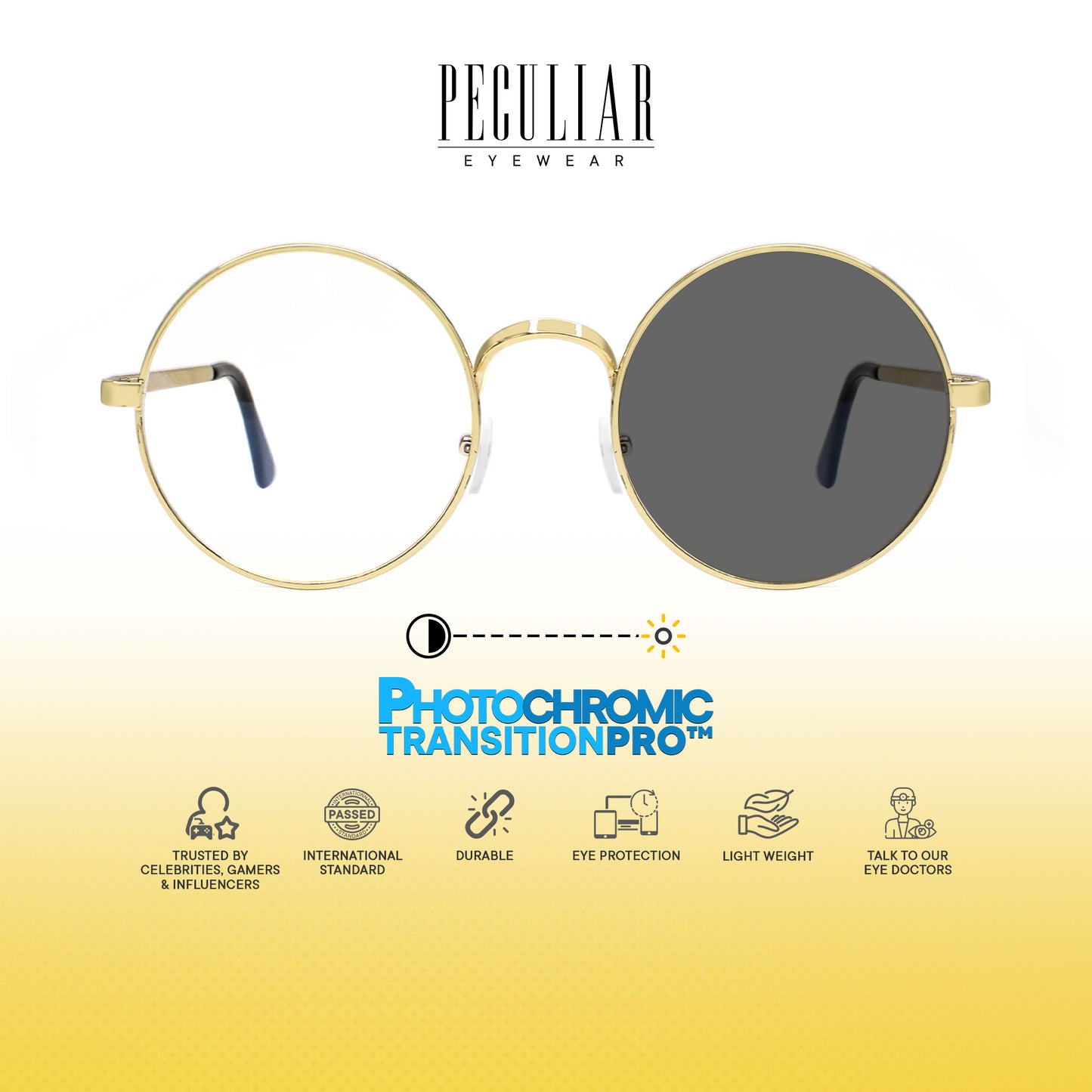 Peculiar Eli Round Metal Black Lens Sunglass Polarized Anti Rad Eyeglass Replaceable Lens Frames PhotoChromic TransitionPro UV400 Lens Photochromic TAC Lens for Men and Women