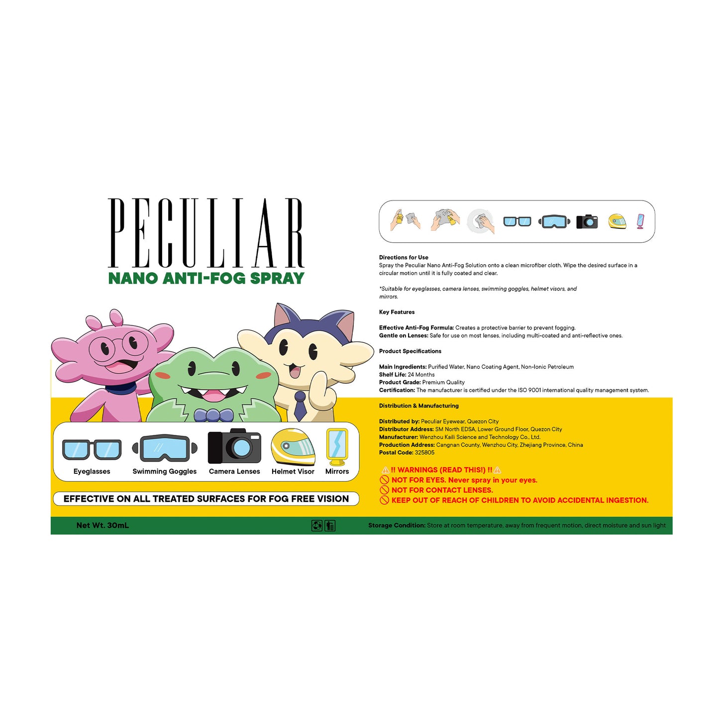 Peculiar Anti-Fog "SPRAY-TAP-DRY" 36 hours Fog Free Vision 30ML Lens Cleaner For Longer Film Protection
