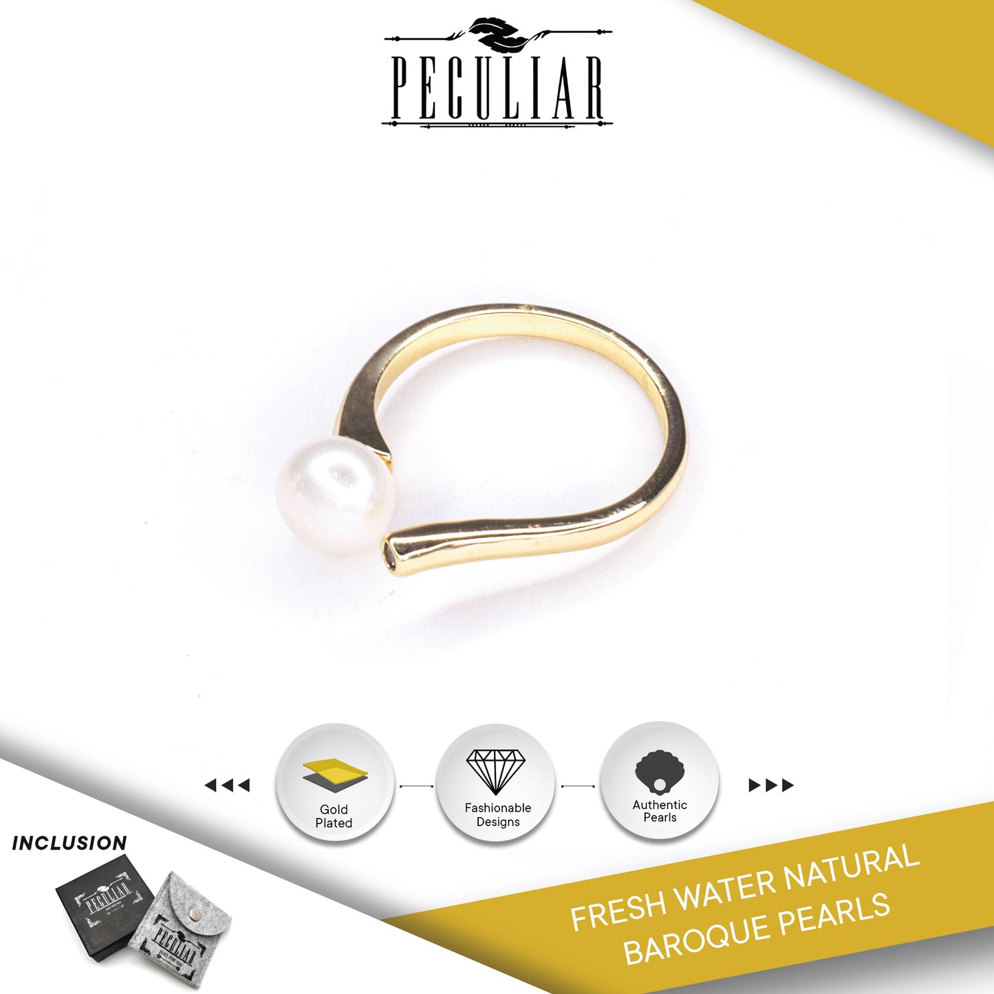 Peculiar Natural Pearls 18k Gold Plated Zircon Night and Day Open Ring - Jewelry