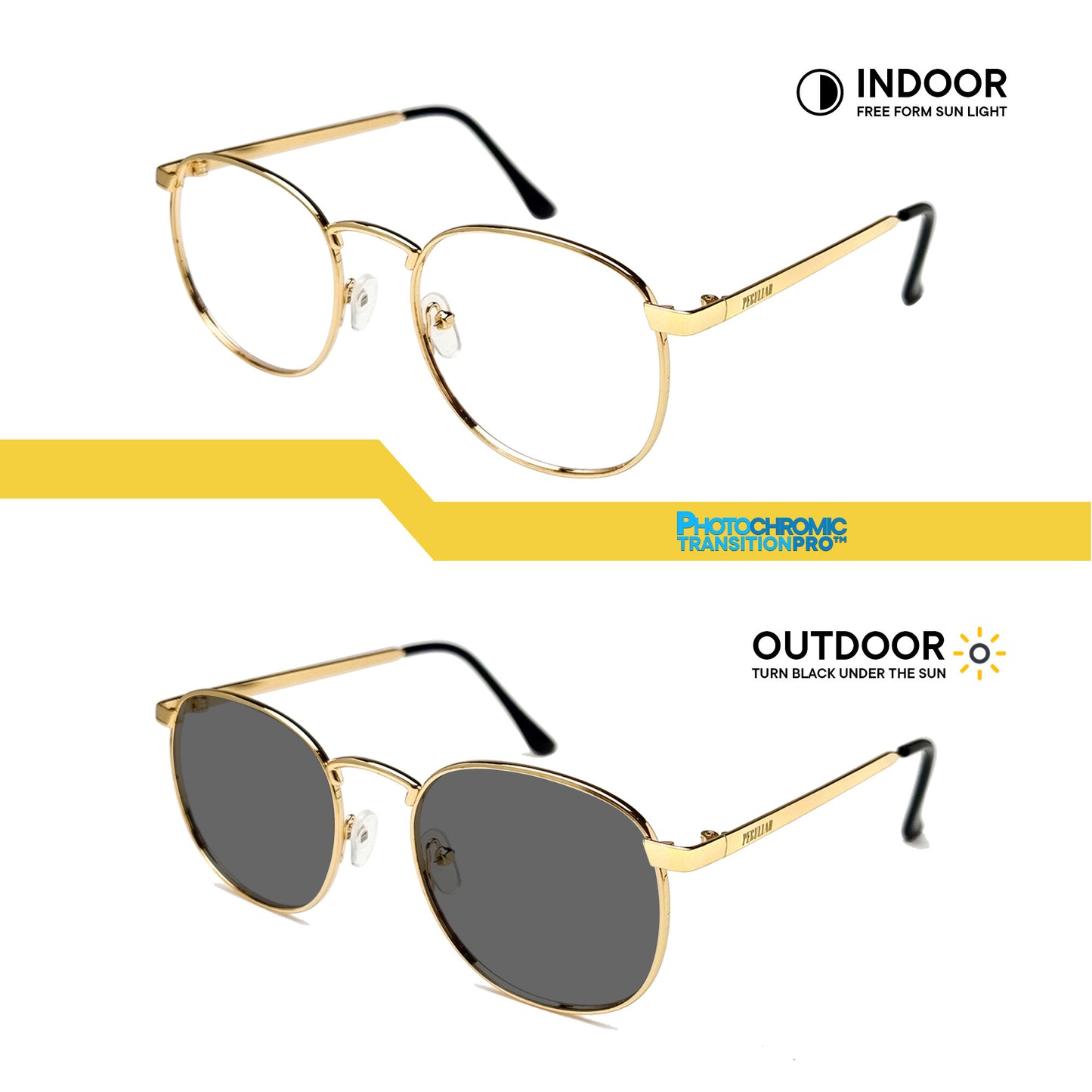 Peculiar Hugo Square Metal Black Lens Sunglass Polarized Anti Rad Eyeglass Replaceable Lens Frames PhotoChromic TransitionPro  UV400 Lens Photochromic TAC Lens for Men and Women