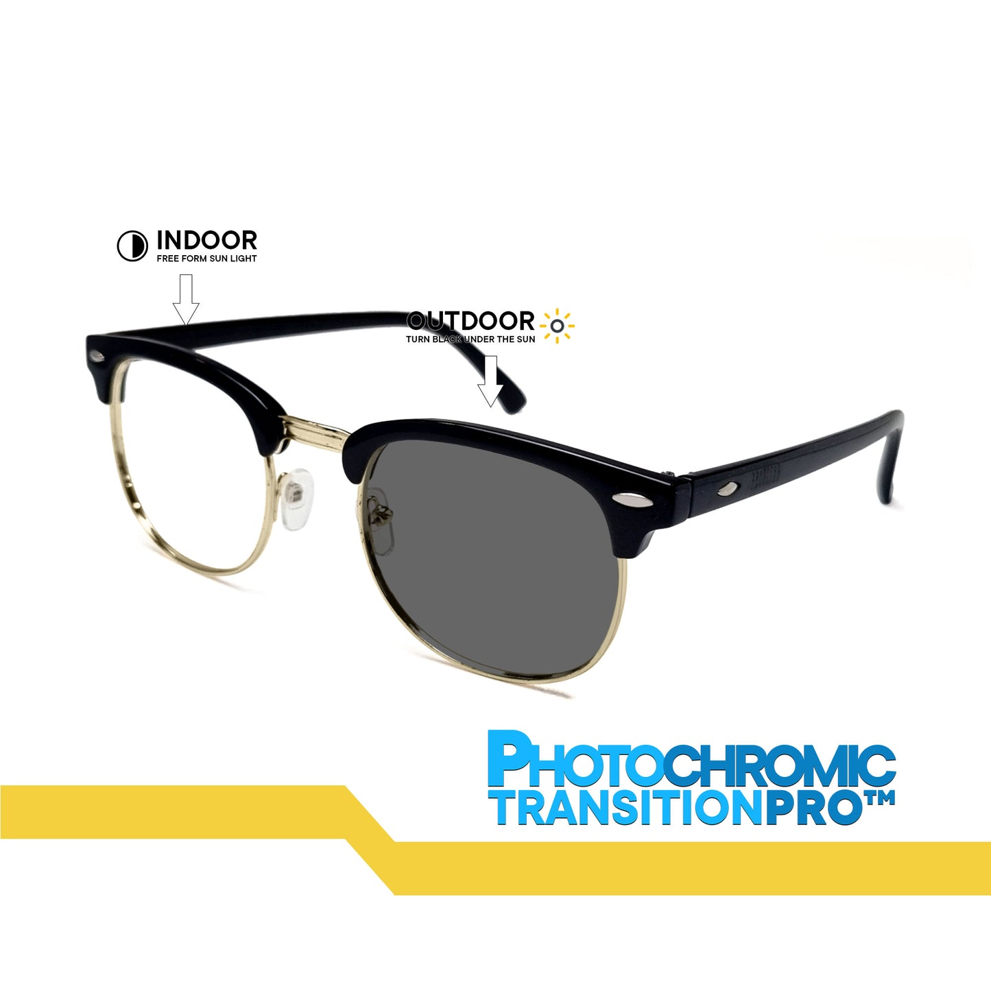 Peculiar Clubmaster Square Black Lens Sunglass Polarized Anti Rad Eyeglass Replaceable Lens Frames PhotoChromic TransitionPro  UV400 Lens Photochromic TAC Lens for Men and Women