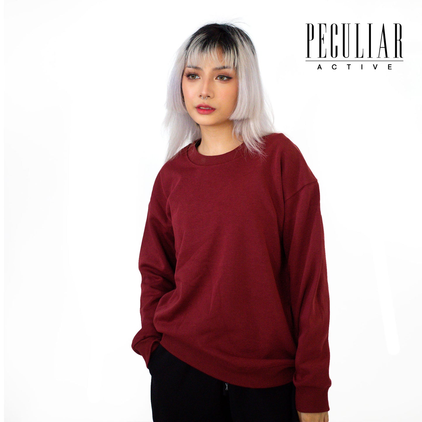 Peculiar Claret Loose Round Neck Pure Cotton Long-sleeved Sweater 260G for Men And Women