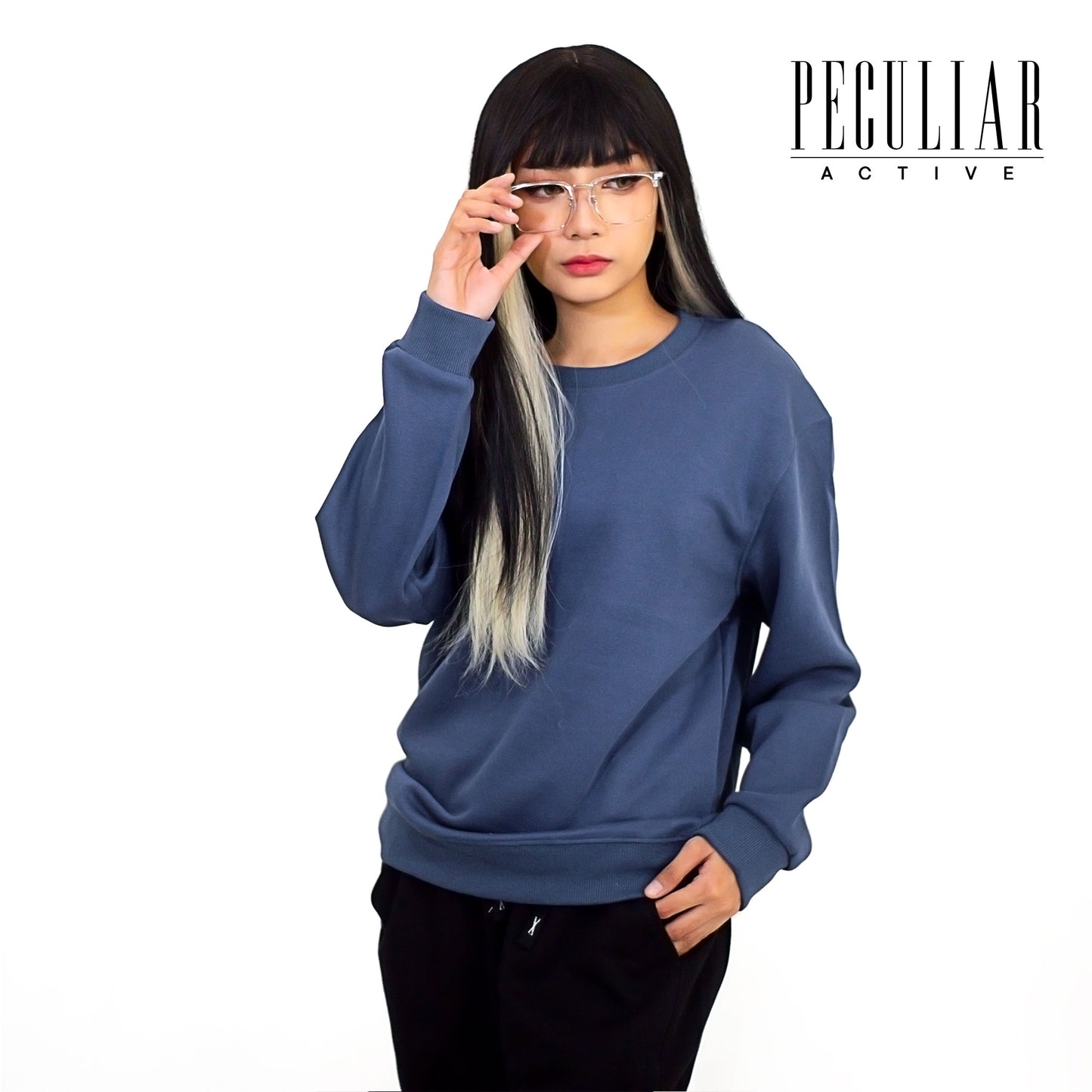 Peculiar HazeBlue Loose Round Neck Pure Cotton Long-sleeved Sweater 260G for Men And Women