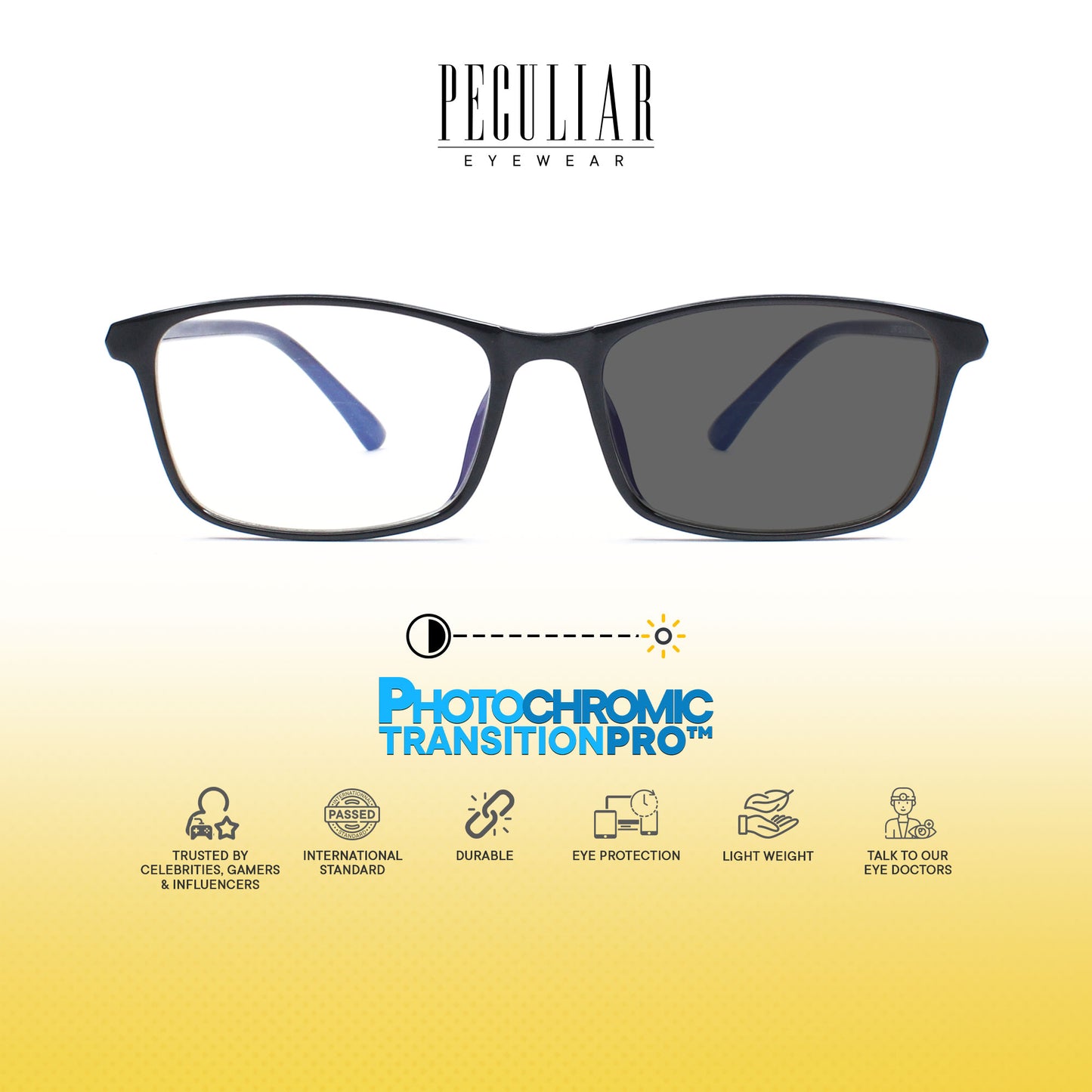 Peculiar Sean Rectangle Acetate Black Lens Sunglass Polarized Anti Rad Eyeglass Replaceable Lens Frames PhotoChromic TransitionPro  UV400 Lens Photochromic TAC Lens for Men and Women