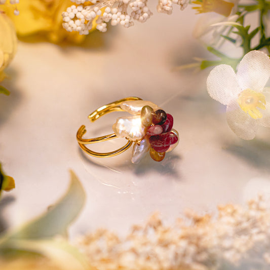 Peculiar Natural Baroque Pearls 18k Gold Plated Flower Open Ring  - Jewelry
