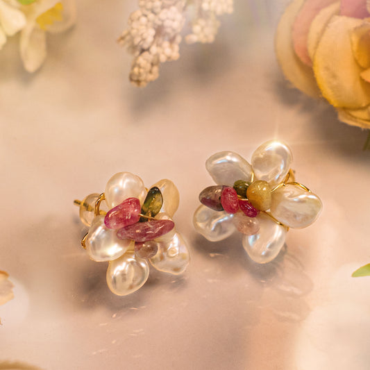 Peculiar Natural Baroque Pearls Gold Plated with Quarts Stones Constructed Flower Earrings - Jewelry