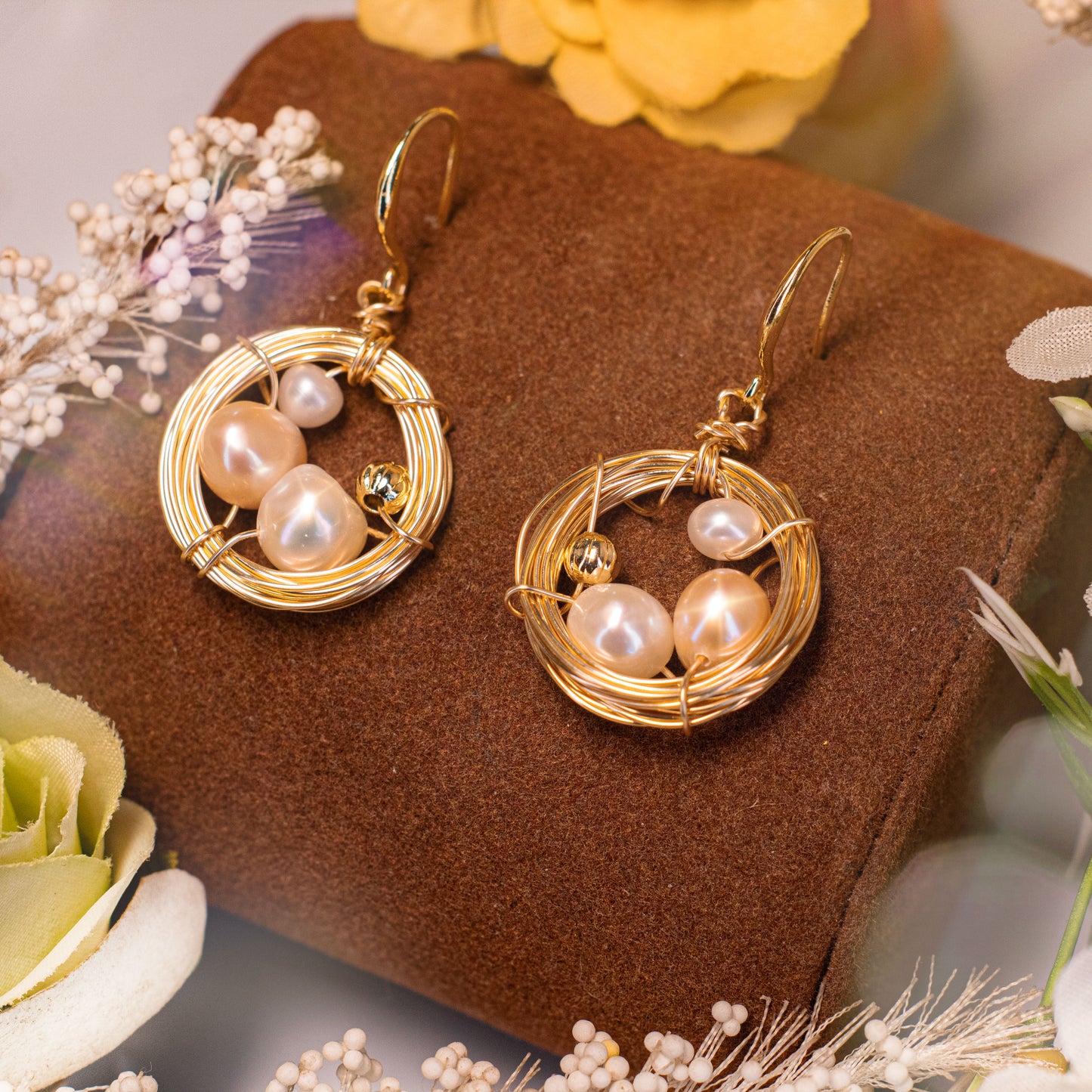 Peculiar Natural Baroque Pearls 18k Gold Plated Bird Nest Earrings - Jewelry