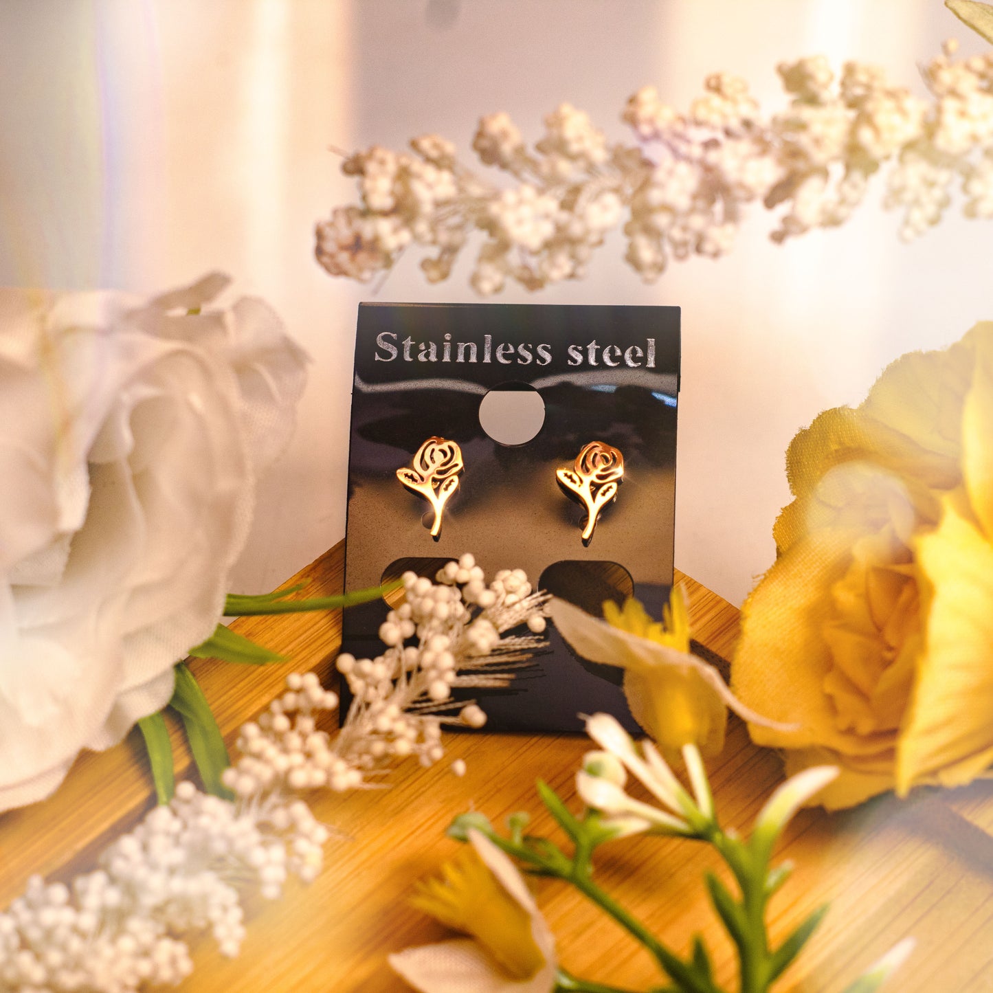 Peculiar Aurora Jewelry Rose Stalk Stainless Steel Stud Earring