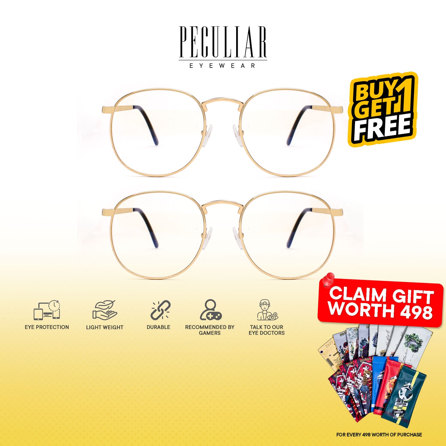 Peculiar Eyewear Buy 1 Take 1 HUGO Gold Square Anti-Radiation Eyeglasses