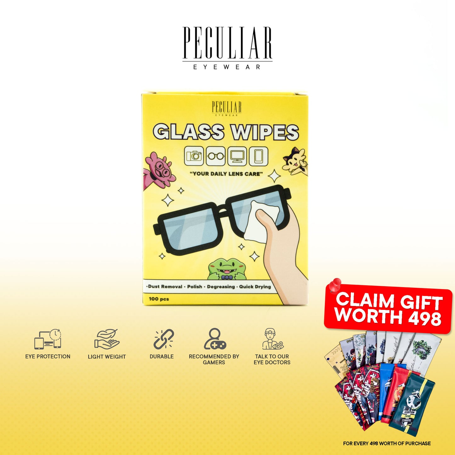 Peculiar Eyewear Glass Wipes Dust Eyeglasses Cleaner Degreaser Non-Toxic Quick Dry