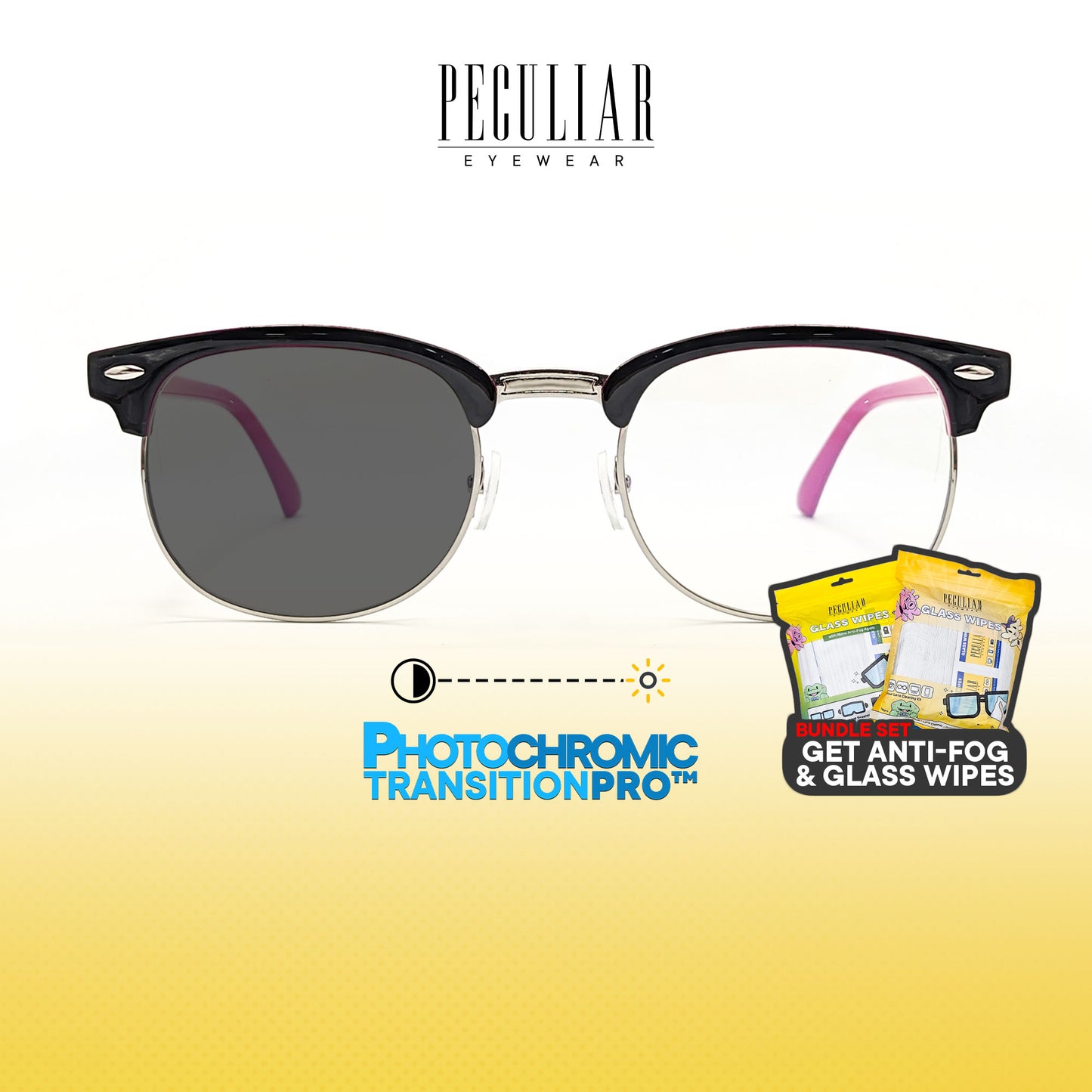 Peculiar Clubmaster BlackPink Square Anti-Fog & Glass Wipes Bundle Frame Full Rim TransitionPro Photochromic Anti-radiation Glasses Anti Radiation Eyeglass for Woman and Men Anti Radiation Eyeglass Shades for Men and