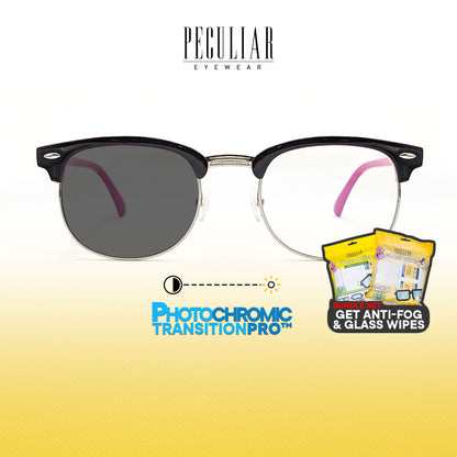 Peculiar Clubmaster BlackPink Square Anti-Fog & Glass Wipes Bundle Frame Full Rim TransitionPro Photochromic Anti-radiation Glasses Anti Radiation Eyeglass for Woman and Men Anti Radiation Eyeglass Shades for Men and