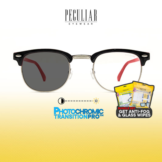 Peculiar Clubmaster BlackRed Square Anti-Fog & Glass Wipes Bundle Frame Full Rim TransitionPro Photochromic Anti-radiation Glasses Anti Radiation Eyeglass for Woman and Men Anti Radiation Eyeglass Shades for Men and