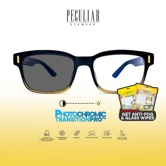 Peculiar Marvy BlackYellow Square Anti-Fog & Glass Wipes Bundle Frame Full Rim TransitionPro Photochromic Anti-radiation Glasses Anti Radiation Eyeglass for Woman and Men Anti Radiation Eyeglass Shades for Men and