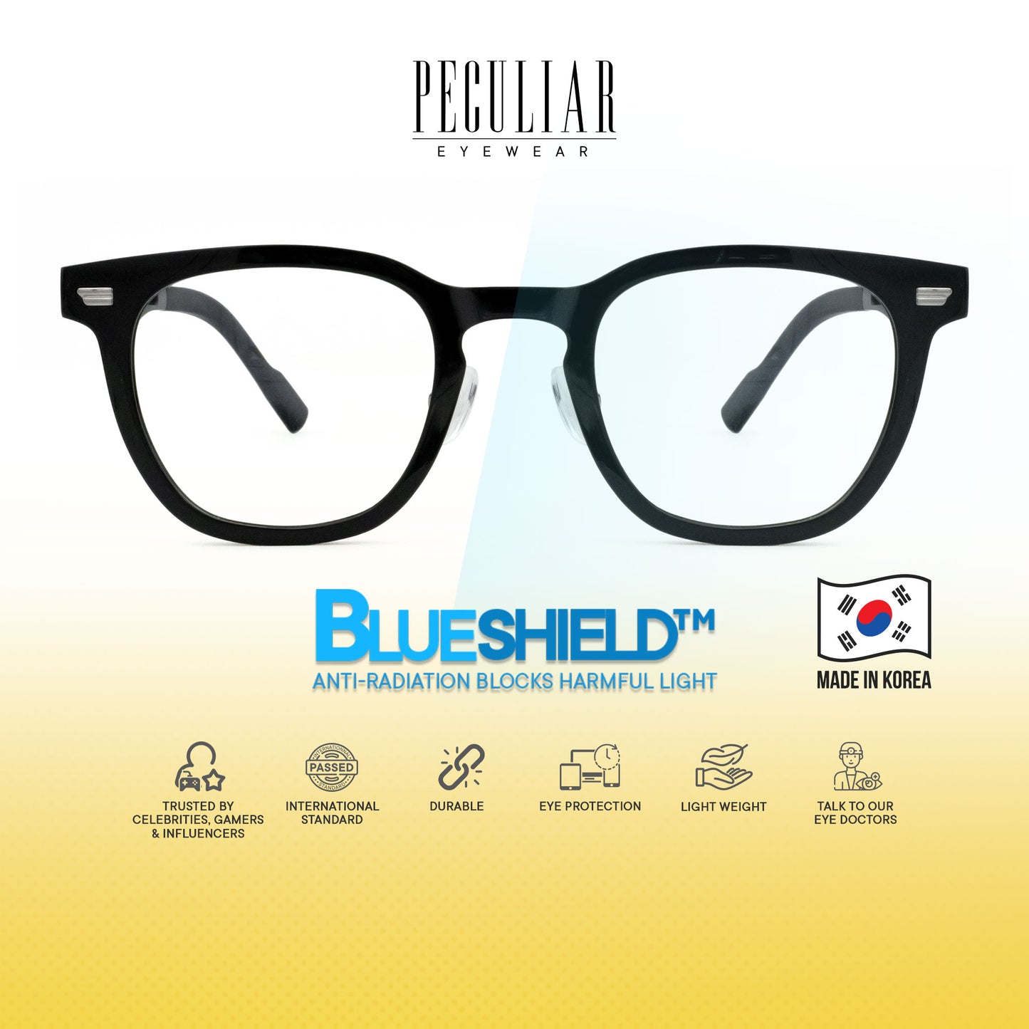 Peculiar Maru Square Korean BIO-Plastic Super Flex Computer Anti-Radiation Replaceable Lens Eyeglasses