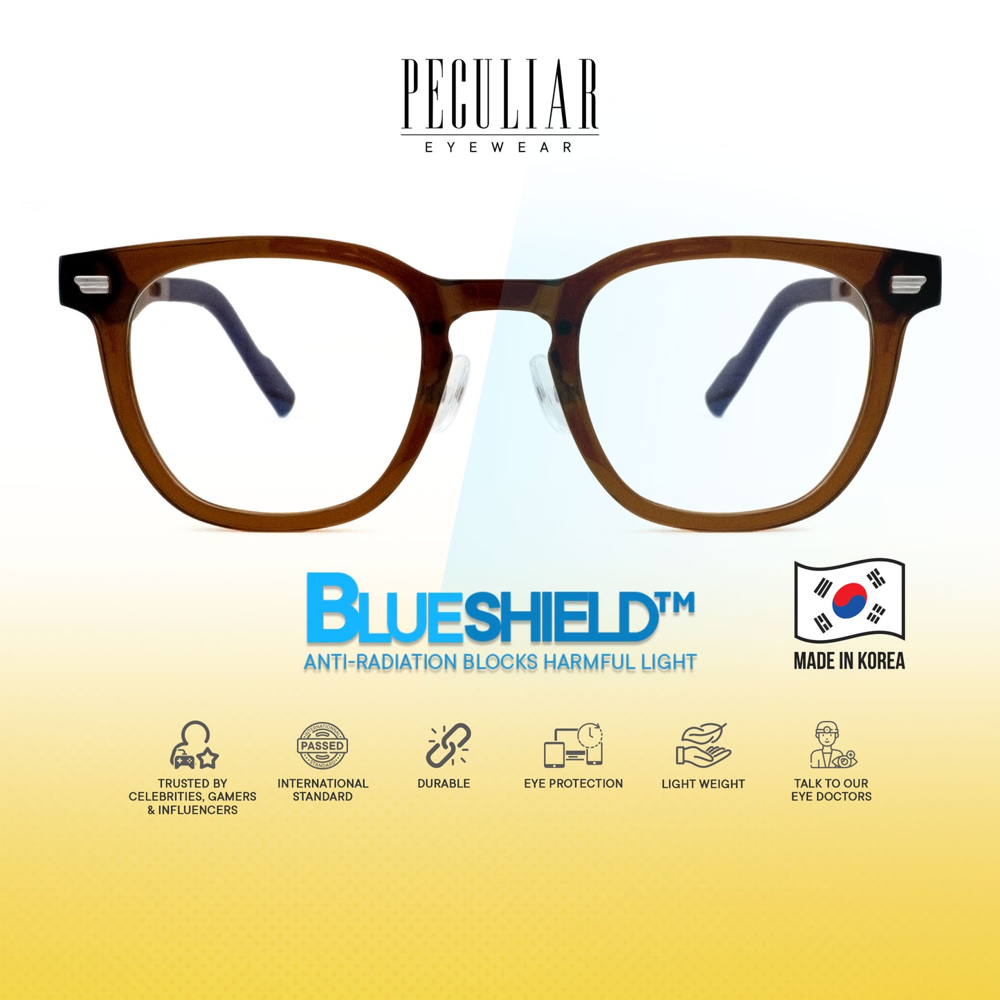 Peculiar Maru Square Korean BIO-Plastic Super Flex Computer Anti-Radiation Replaceable Lens Eyeglasses