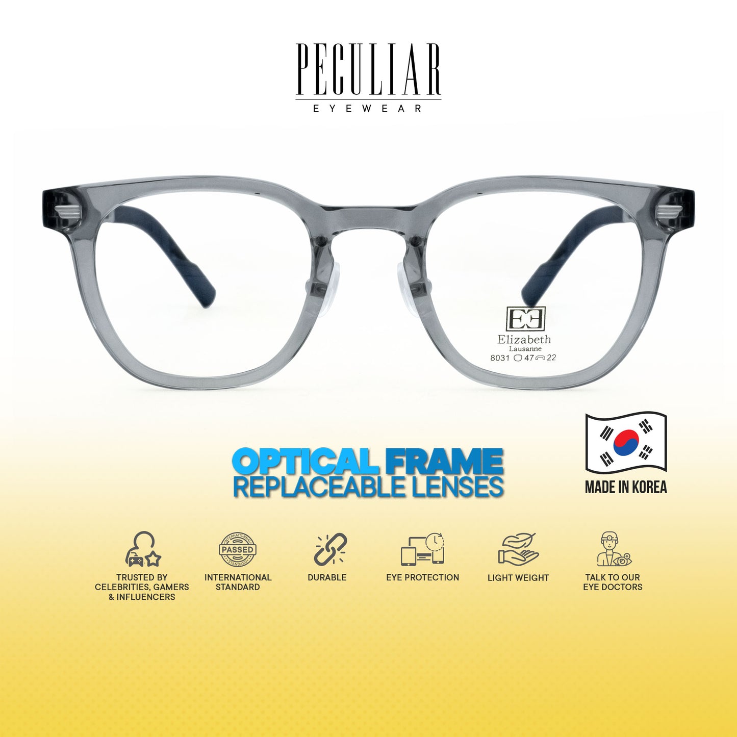 Peculiar Maru Square Korean BIO-Plastic Super Flex Computer Anti-Radiation Replaceable Lens Eyeglasses
