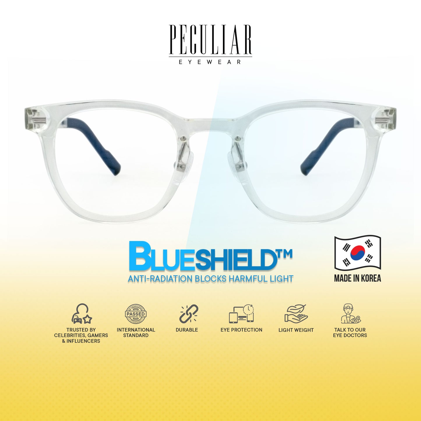 Peculiar Maru Square Korean BIO-Plastic Super Flex Computer Anti-Radiation Replaceable Lens Eyeglasses