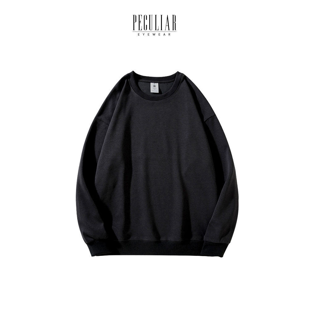 Peculiar Black Loose Round Neck Pure Cotton Long-sleeved Sweater 260G for Men And Women