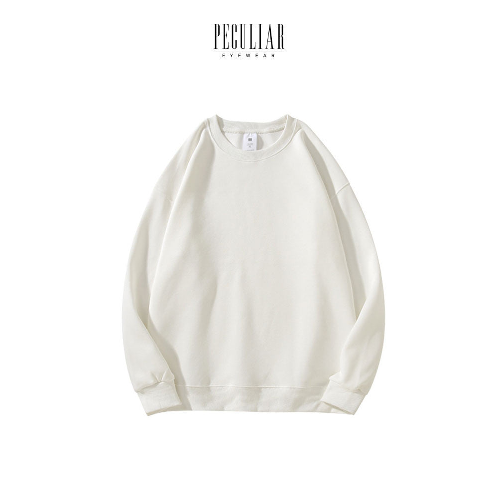 Peculiar White Loose Round Neck Pure Cotton Long-sleeved Sweater 260G for Men And Women