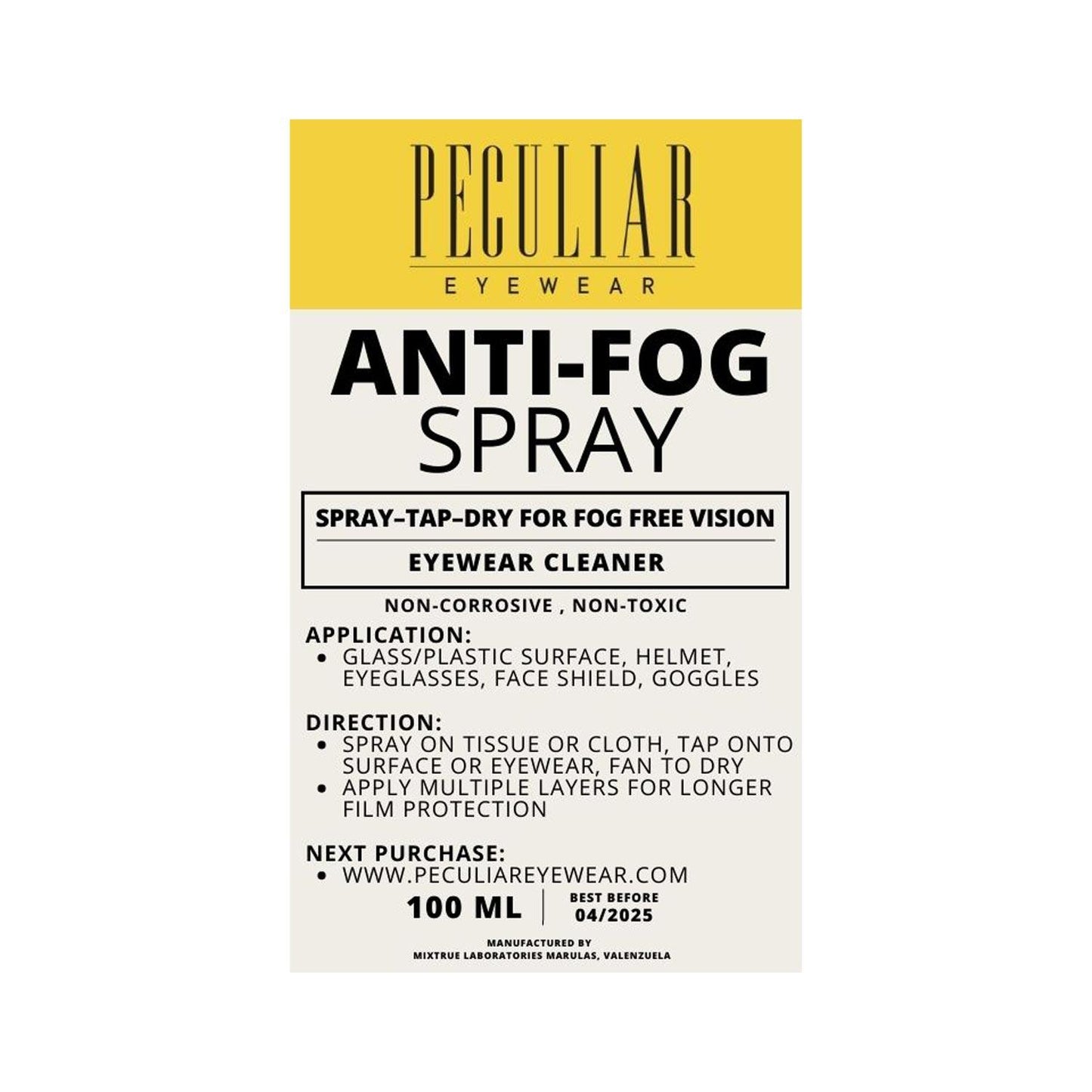 Peculiar Anti-Fog "SPRAY-TAP-DRY" Fog Free Vision 100ML Lens Cleaner For Longer Film Protection - peculiareyewear